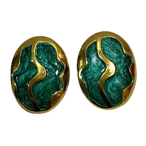 Vintage 80s Large Oval Gold & Green Enamel Swirl Clip Earrings | 1.5 x 1" - Picture 8 of 8